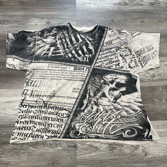 MMA Elite‎ Black White Mens 2XL Skull Skeleton AOP Mallgoth Grunge Cyber Y2K Tee - Picture 1 of 9